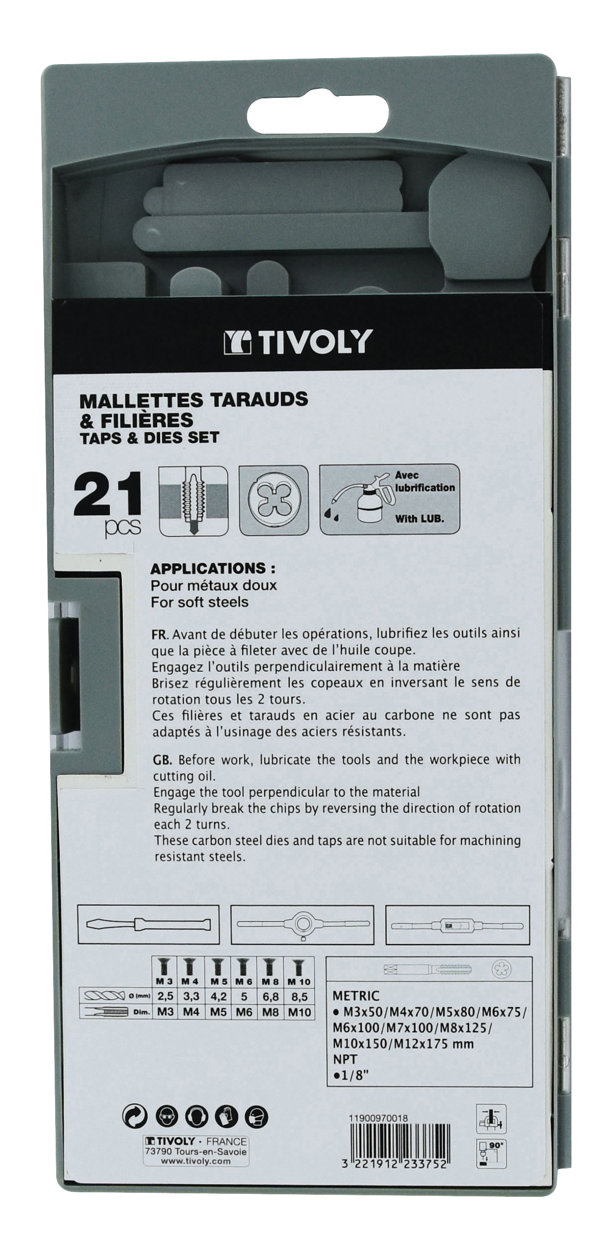 21 pièces -9 tarauds M3 à M12 + 9 filières M3 à M12 + 1 tournevis + 1 porte-taraud + 1 porte-filière TIVOLY - 11900970018