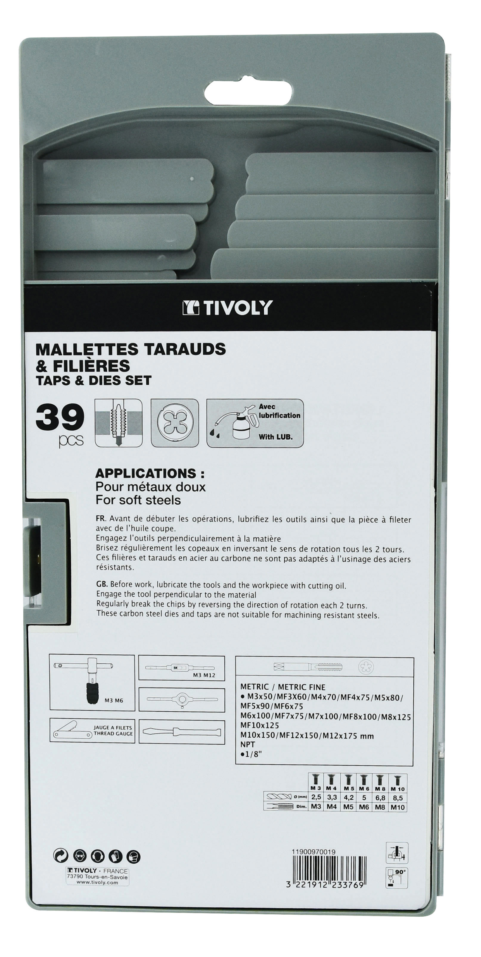 39 pièces -17 tarauds + 17 filières M3 à M12 & MF4 à MF12 + 1 jauge à filet + 1 tournevis + 2 porte-tarauds + 1 porte-filière TIVOLY - 11900970019
