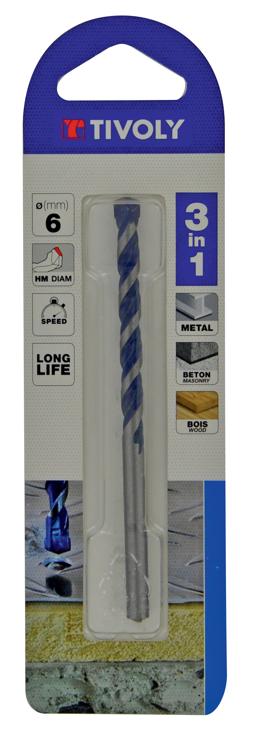 Foret 3en1 métaux bétons bois -Plaquette carbure affûtée -queue cylindrique / L: 60 Ø: 3 TIVOLY - 11901720300