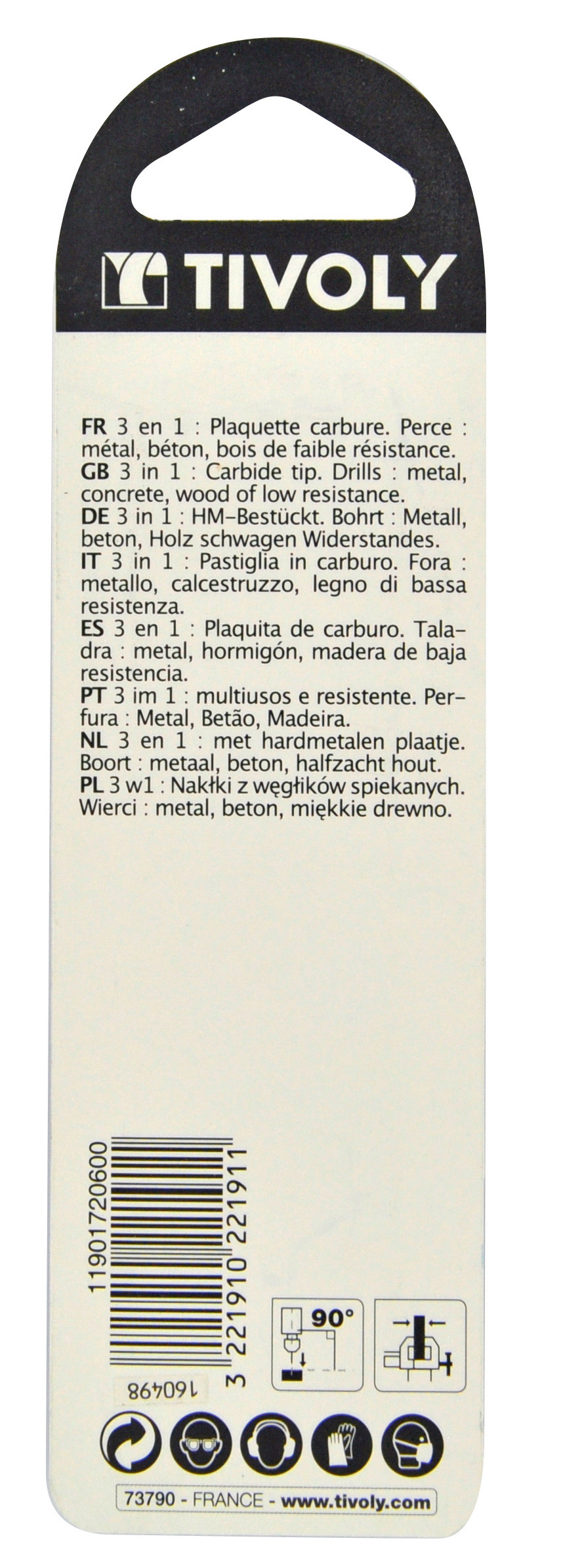 Foret 3en1 métaux bétons bois -Plaquette carbure affûtée -queue cylindrique / L: 75 Ø: 4 TIVOLY - 11901720400