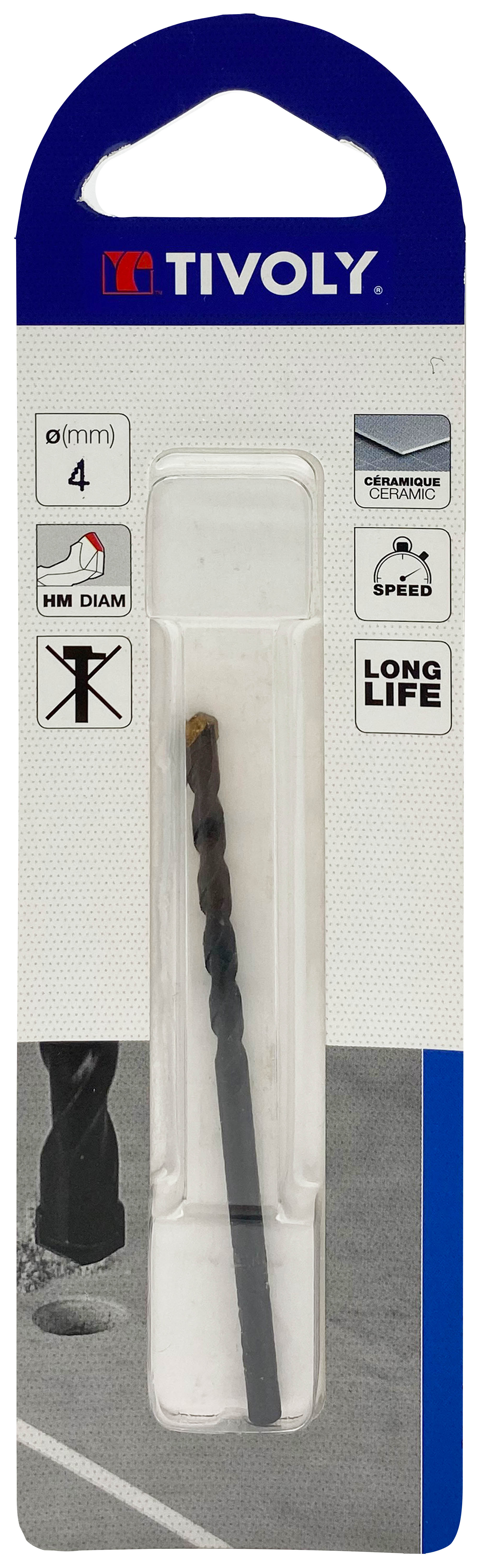 Foret carrelages -Plaquette carbure affûtée -Queue cylindrique / L: 75 Ø: 4 TIVOLY - 12000320400