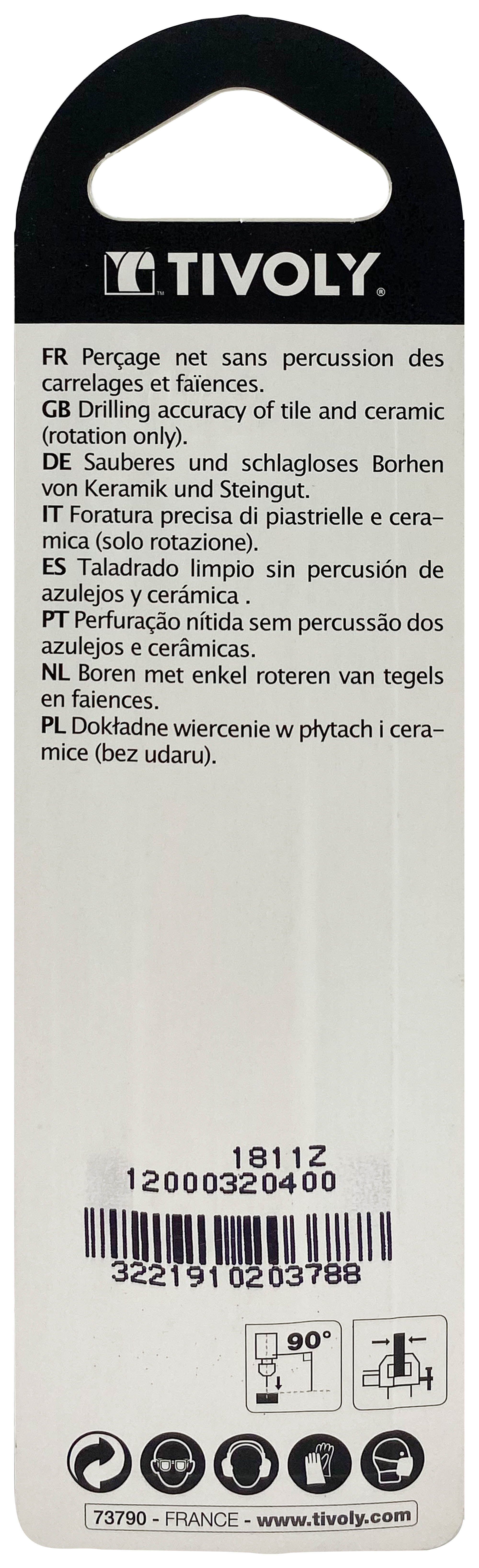 Foret carrelages -Plaquette carbure affûtée -Queue cylindrique / L: 75 Ø: 4 TIVOLY - 12000320400