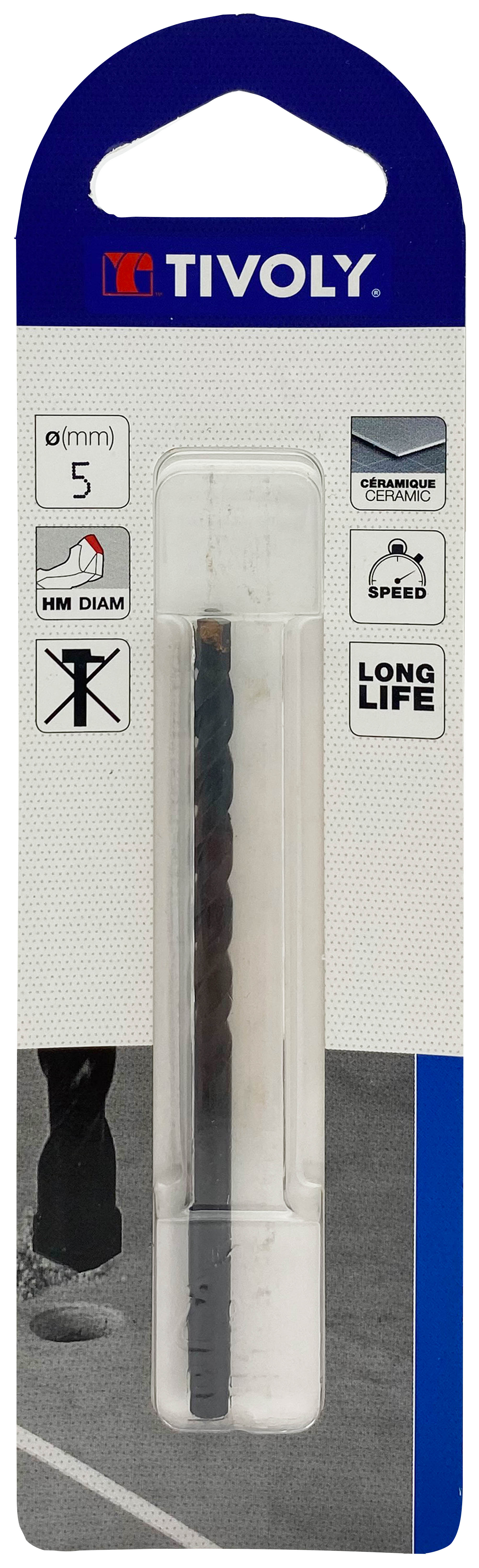 Foret carrelages -Plaquette carbure affûtée -Queue cylindrique / L: 85 Ø: 5 TIVOLY - 12000320500