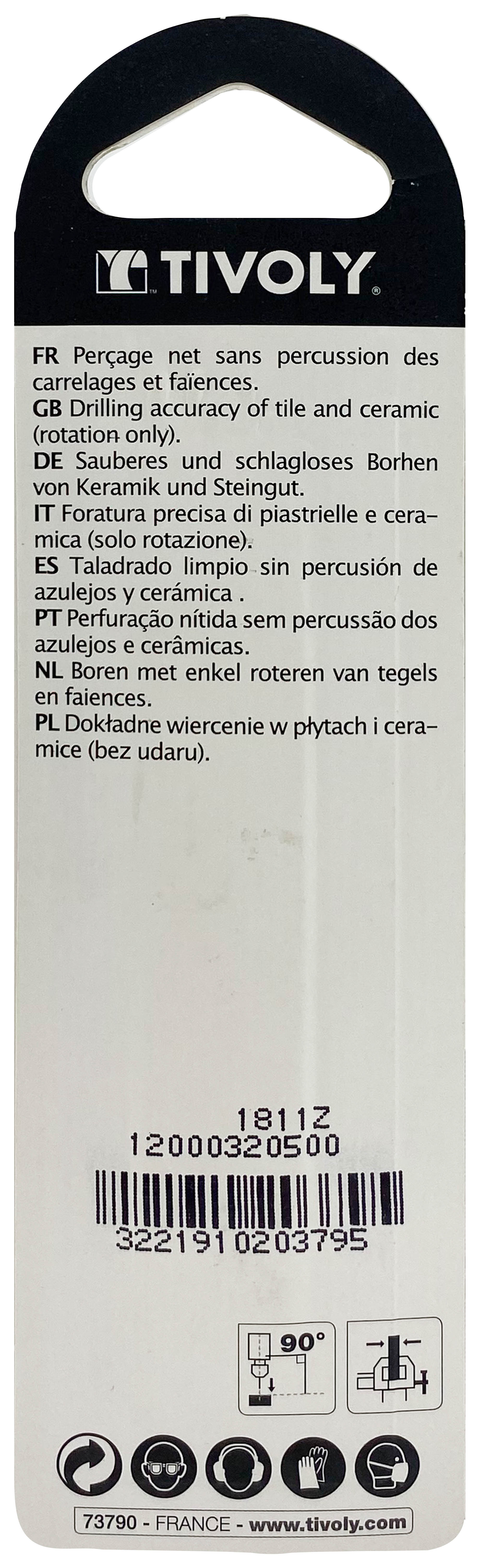 Foret carrelages -Plaquette carbure affûtée -Queue cylindrique / L: 85 Ø: 5 TIVOLY - 12000320500