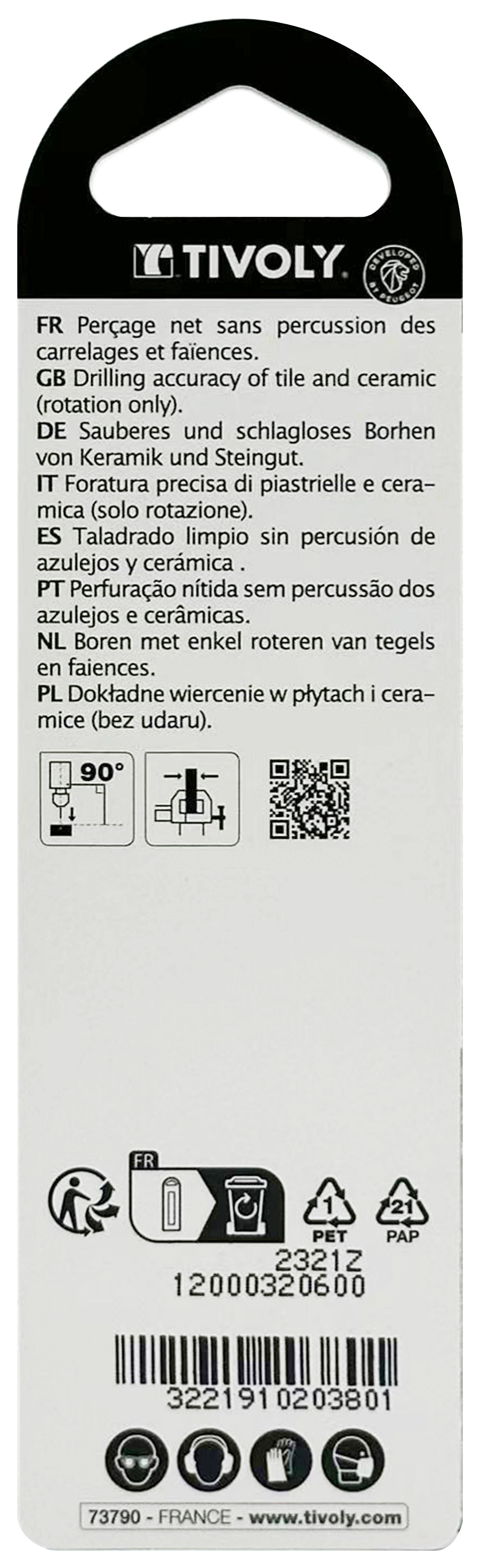 Foret carrelages -Plaquette carbure affûtée -Queue cylindrique / L: 100 Ø: 6 TIVOLY - 12000320600