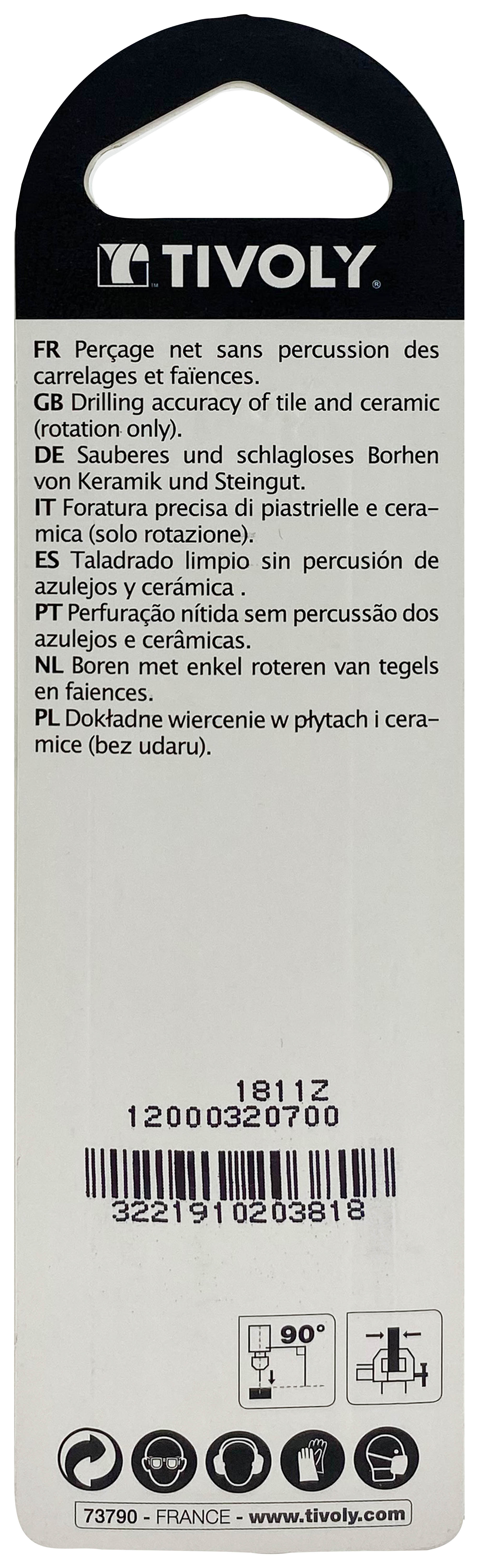 Foret carrelages -Plaquette carbure affûtée -Queue cylindrique / L: 100 Ø: 7 TIVOLY - 12000320700