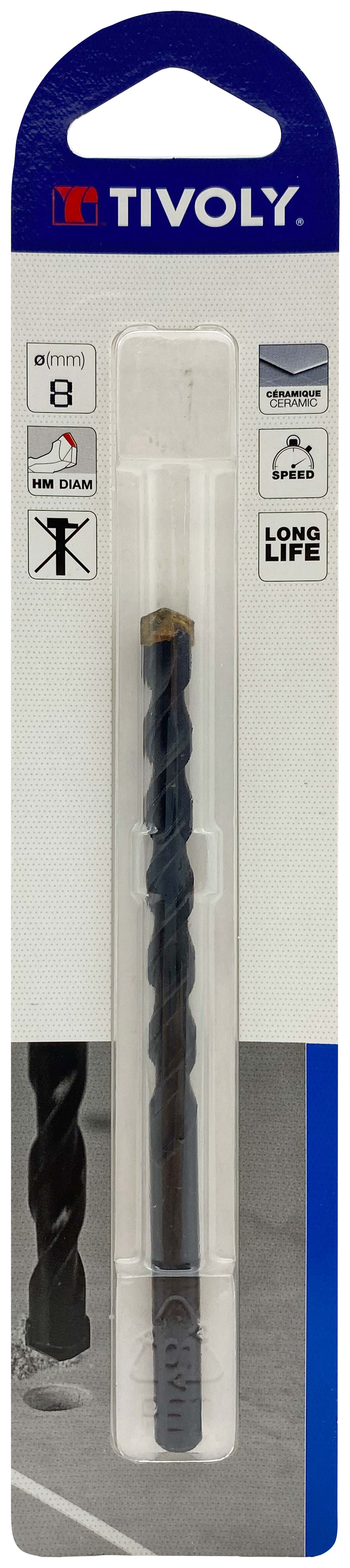 Foret carrelages -Plaquette carbure affûtée -Queue cylindrique / L: 120 Ø: 8 TIVOLY - 12000320800