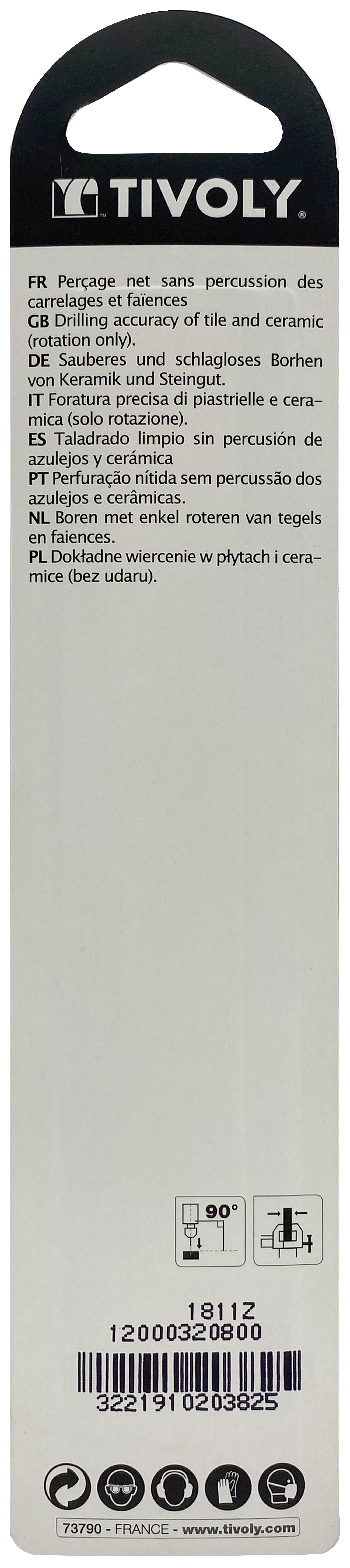 Foret carrelages -Plaquette carbure affûtée -Queue cylindrique / L: 120 Ø: 8 TIVOLY - 12000320800