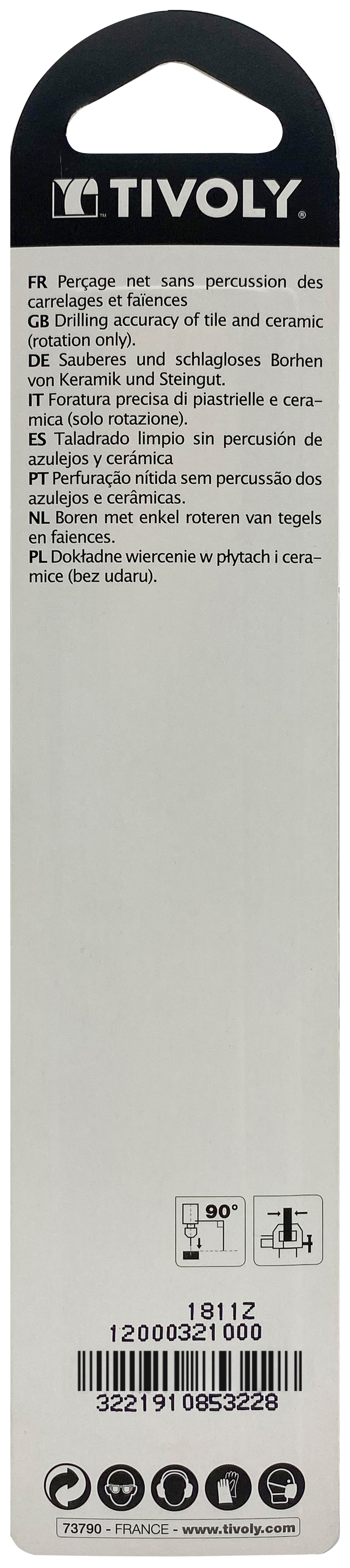 Foret carrelages -Plaquette carbure affûtée -Queue cylindrique / L: 120 Ø: 10 TIVOLY - 12000321000