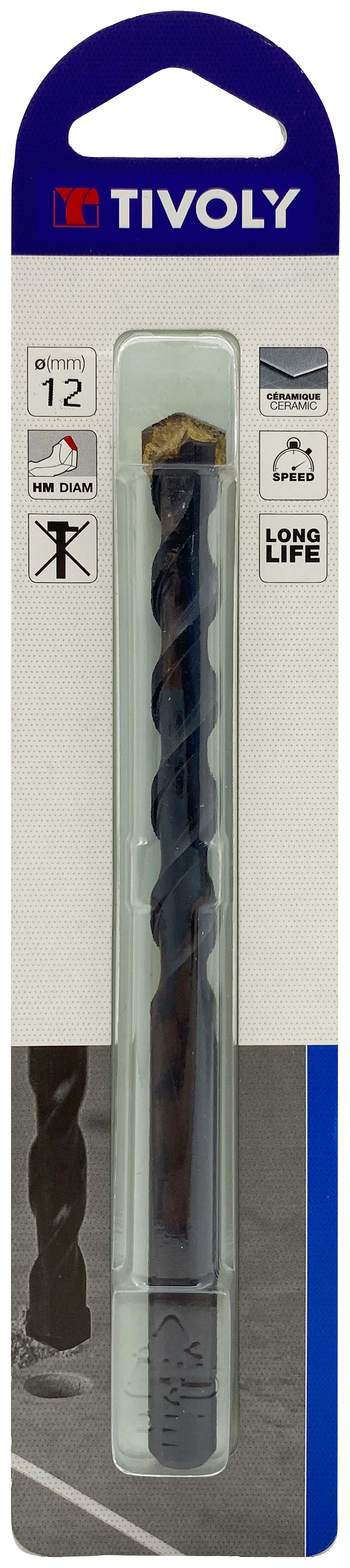 Foret carrelages -Plaquette carbure affûtée -Queue cylindrique / L: 120 Ø: 12 TIVOLY - 12000321200