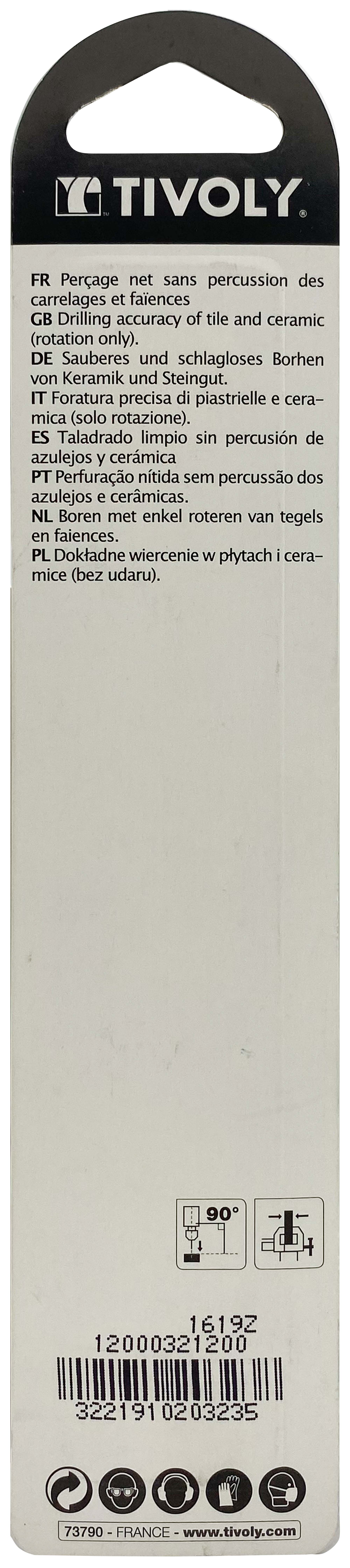 Foret carrelages -Plaquette carbure affûtée -Queue cylindrique / L: 120 Ø: 12 TIVOLY - 12000321200