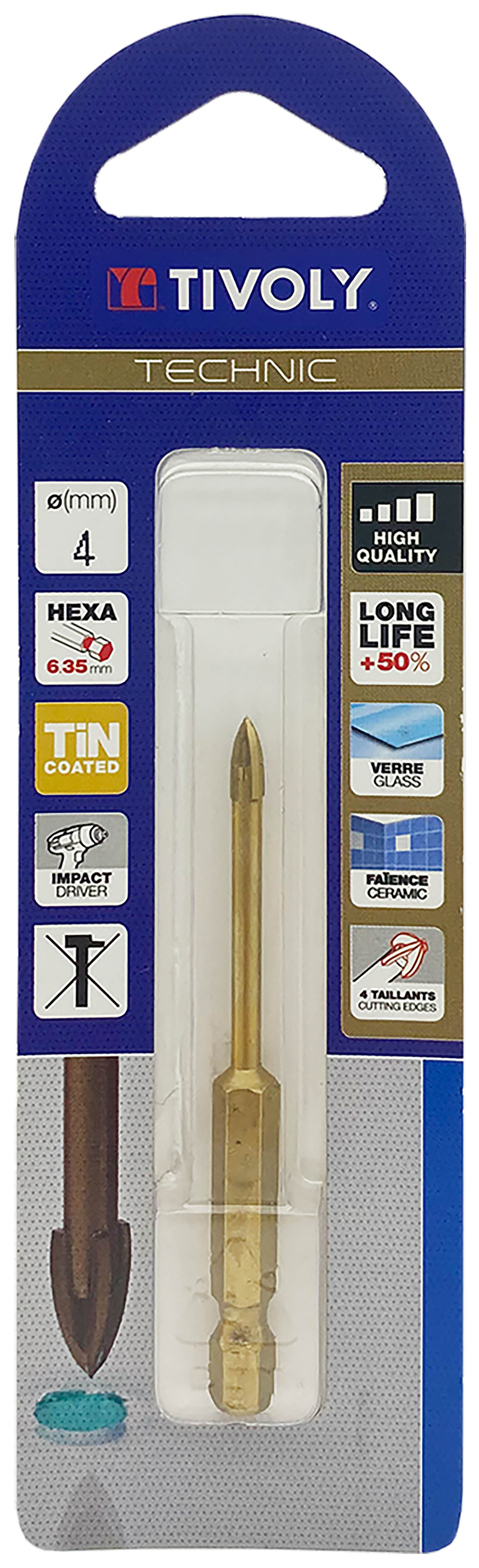 Foret verres 4 taillants -Revêtu TiN -Queue hexagonale (Blister) / L: 65 Ø: 4 TIVOLY - 12000420400