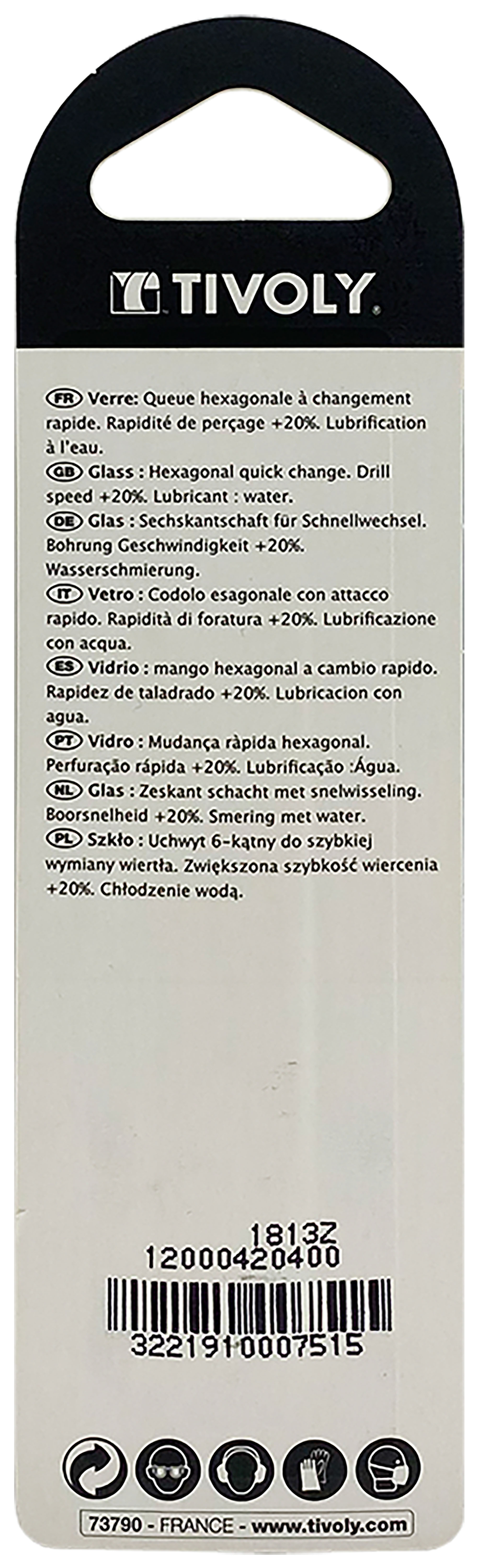Foret verres 4 taillants -Revêtu TiN -Queue hexagonale (Blister) / L: 65 Ø: 4 TIVOLY - 12000420400
