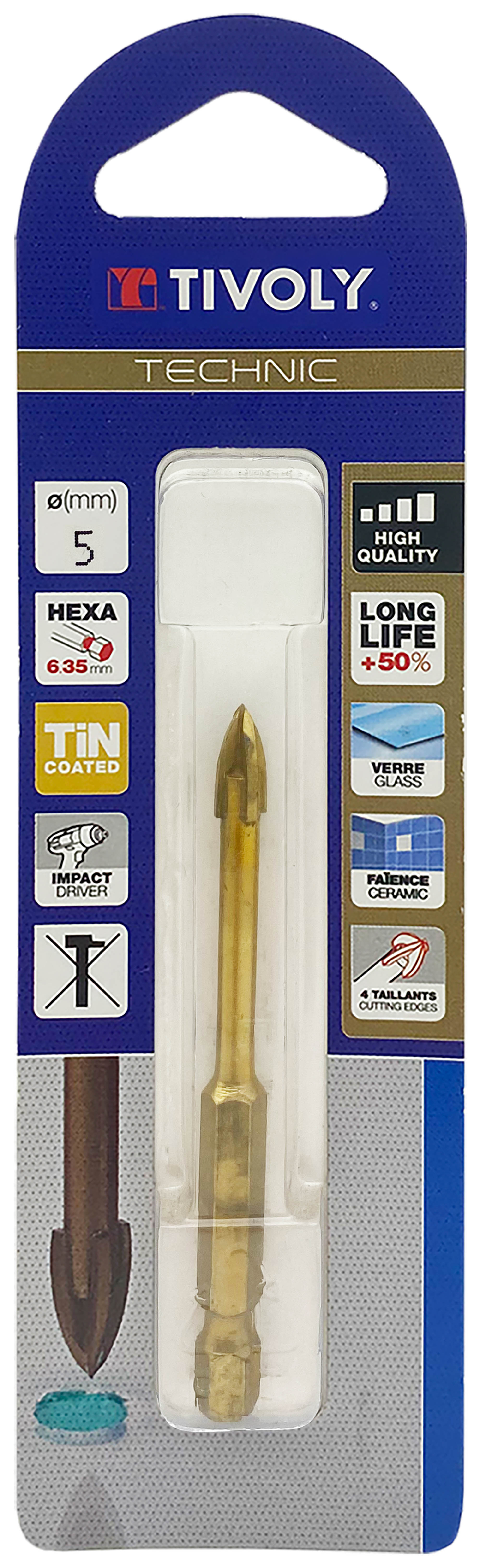 Foret verres 4 taillants -Revêtu TiN -Queue hexagonale (Blister) / L: 65 Ø: 5 TIVOLY - 12000420500