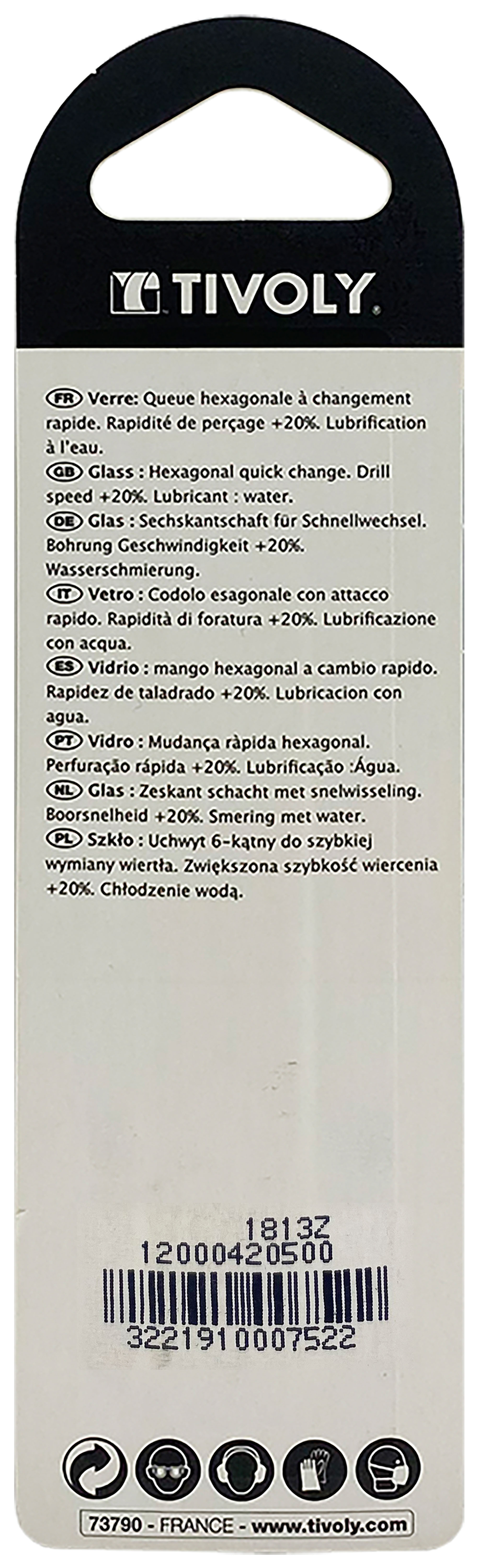 Foret verres 4 taillants -Revêtu TiN -Queue hexagonale (Blister) / L: 65 Ø: 5 TIVOLY - 12000420500