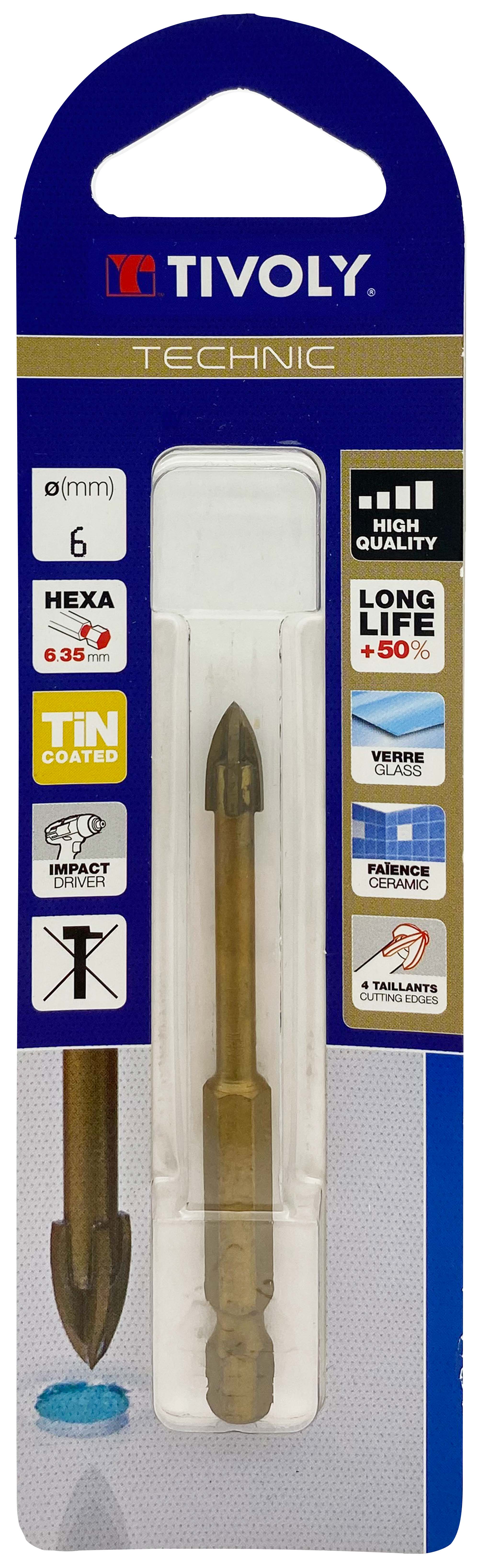 Foret verres 4 taillants -Revêtu TiN -Queue hexagonale (Blister) / L: 65 Ø: 6 TIVOLY - 12000420600