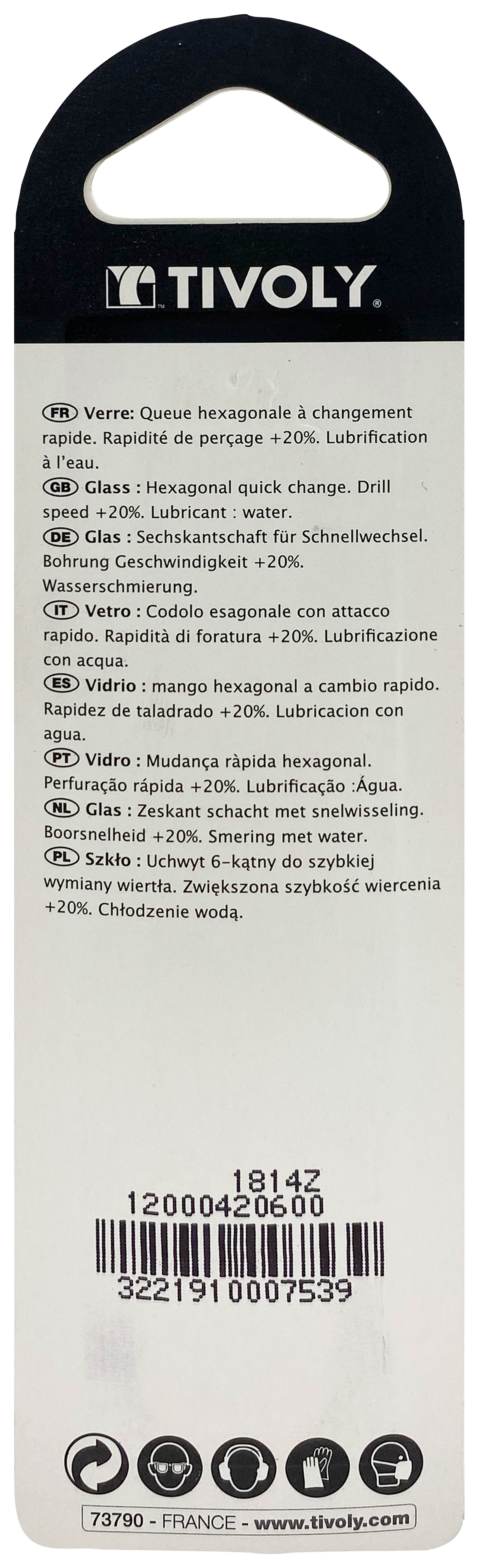 Foret verres 4 taillants -Revêtu TiN -Queue hexagonale (Blister) / L: 65 Ø: 6 TIVOLY - 12000420600
