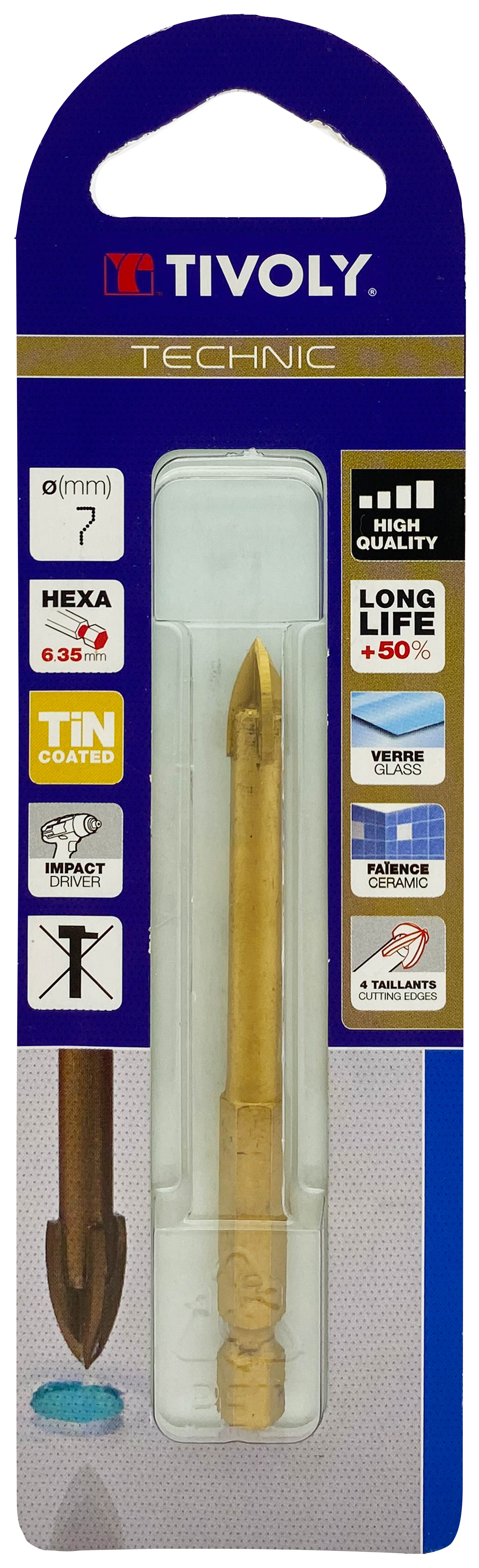 Foret verres 4 taillants -Revêtu TiN -Queue hexagonale (Blister) / L: 70 Ø: 7 TIVOLY - 12000420700