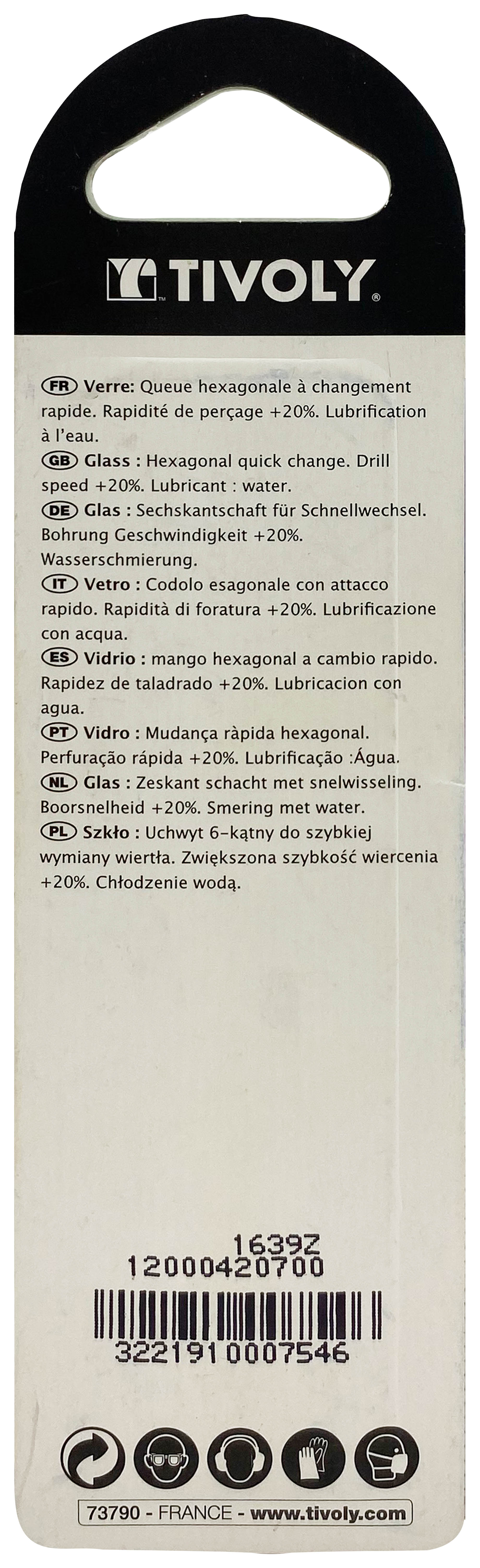 Foret verres 4 taillants -Revêtu TiN -Queue hexagonale (Blister) / L: 70 Ø: 7 TIVOLY - 12000420700