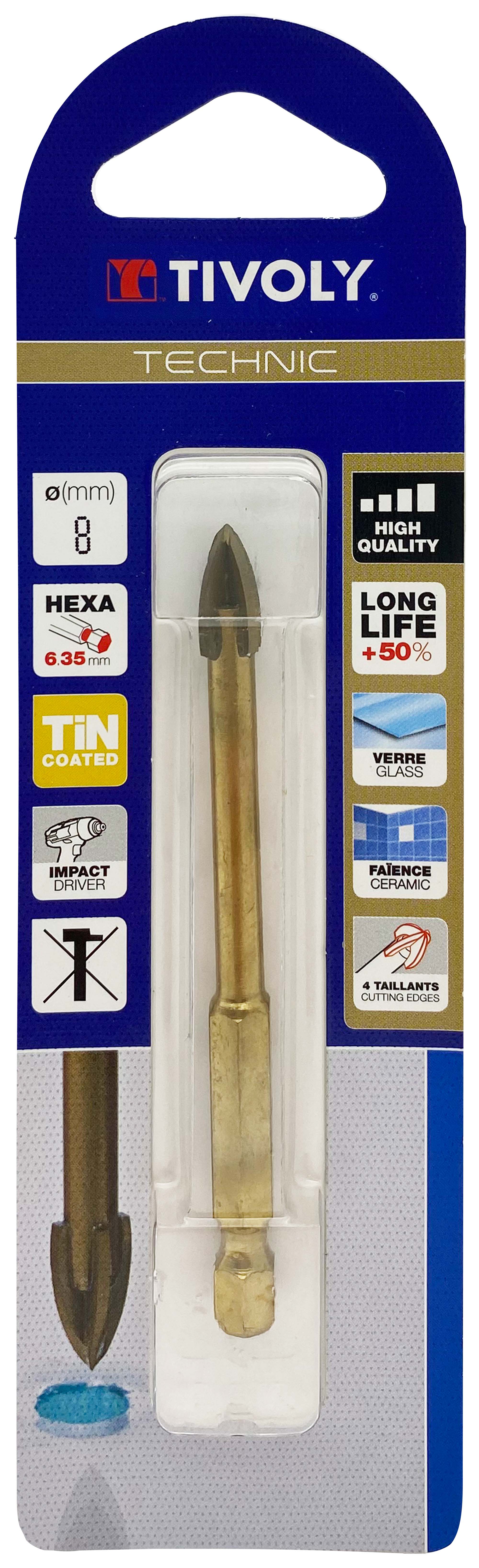 Foret verres 4 taillants -Revêtu TiN -Queue hexagonale (Blister) / L: 70 Ø: 8 TIVOLY - 12000420800