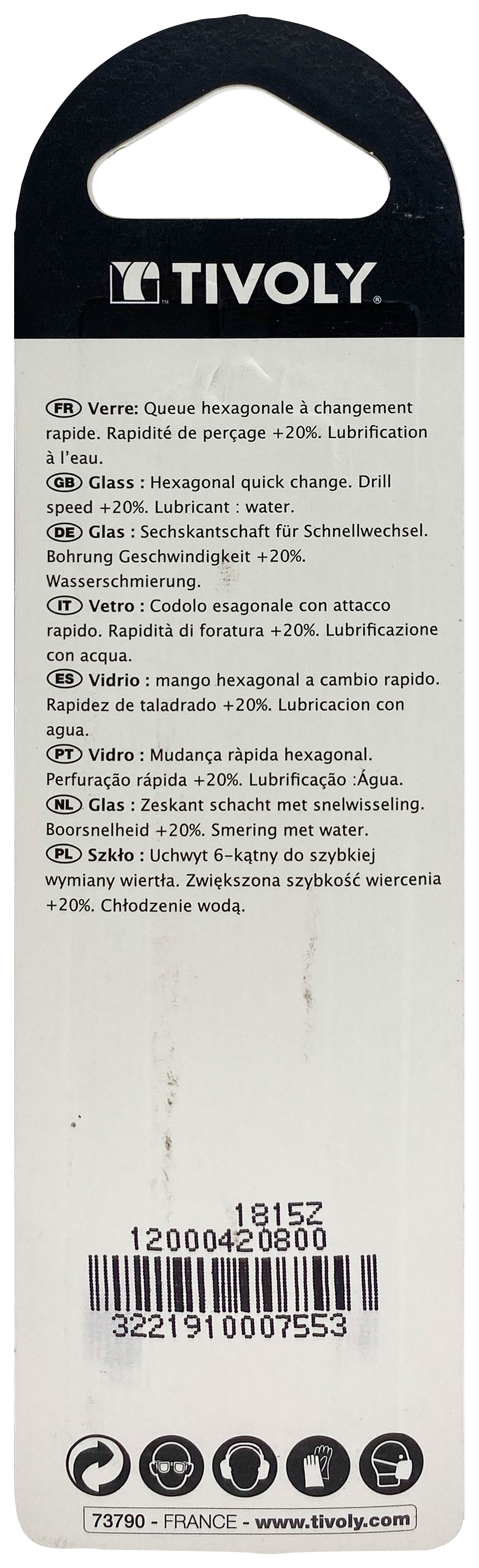 Foret verres 4 taillants -Revêtu TiN -Queue hexagonale (Blister) / L: 70 Ø: 8 TIVOLY - 12000420800