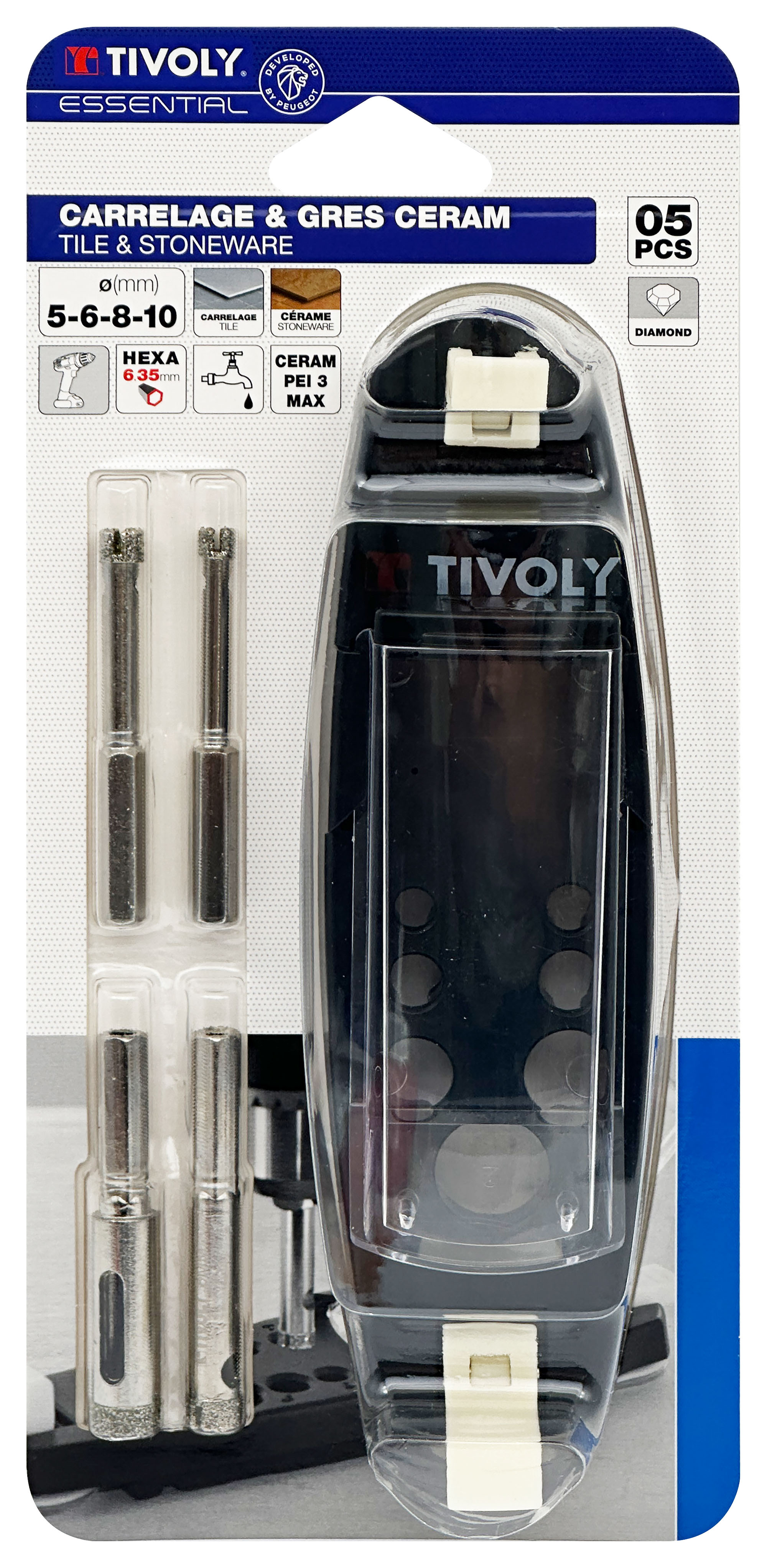 5 pièces -4 forets carrelage Ø 5 à 10mm + 1 guide TIVOLY - 12000820002