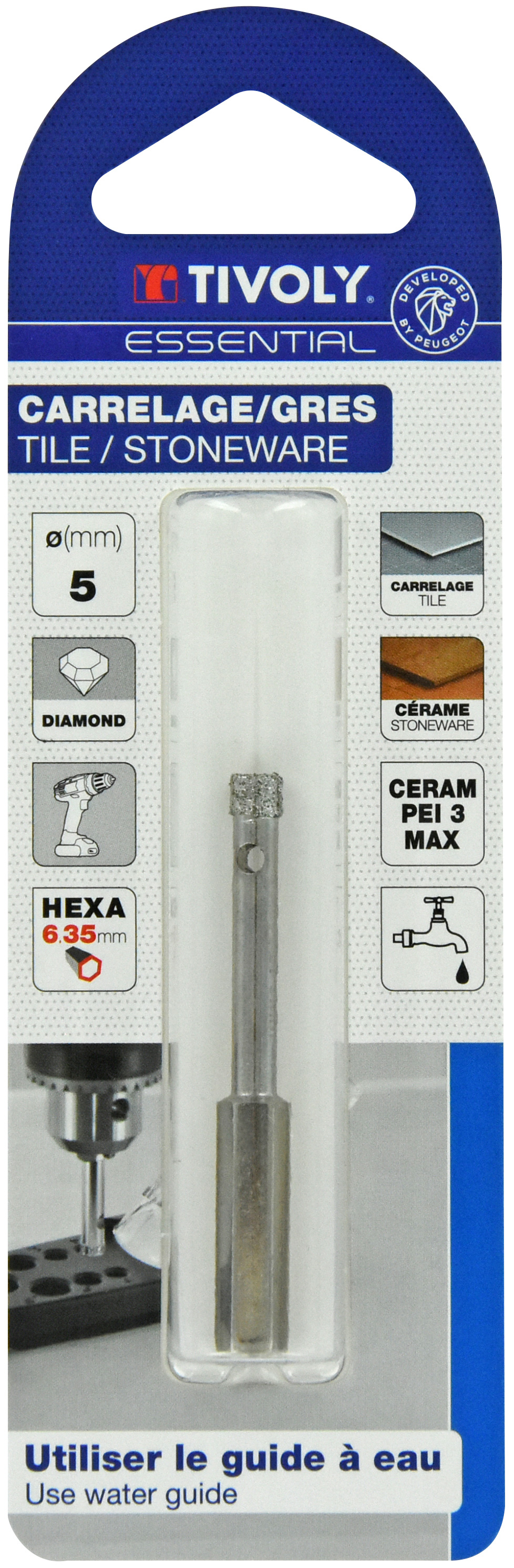 Foret diamant à eau -Queue hexagonale (Blister) / L: 55 Ø: 5 TIVOLY - 12000820500