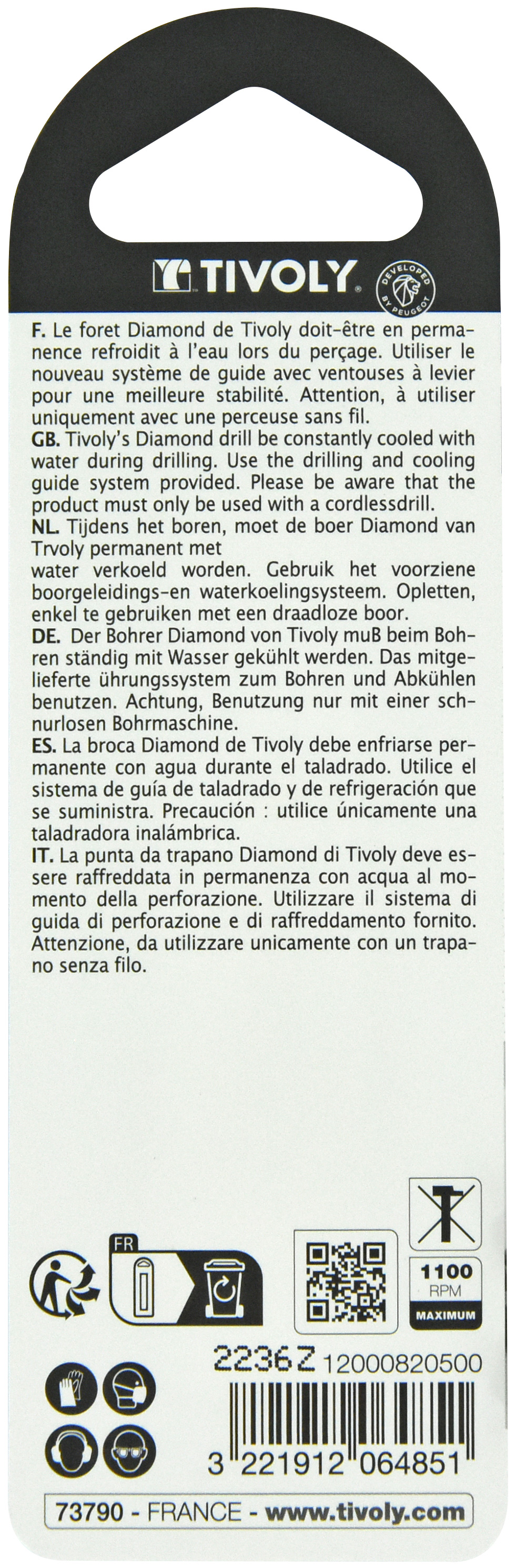 Foret diamant à eau -Queue hexagonale (Blister) / L: 55 Ø: 5 TIVOLY - 12000820500