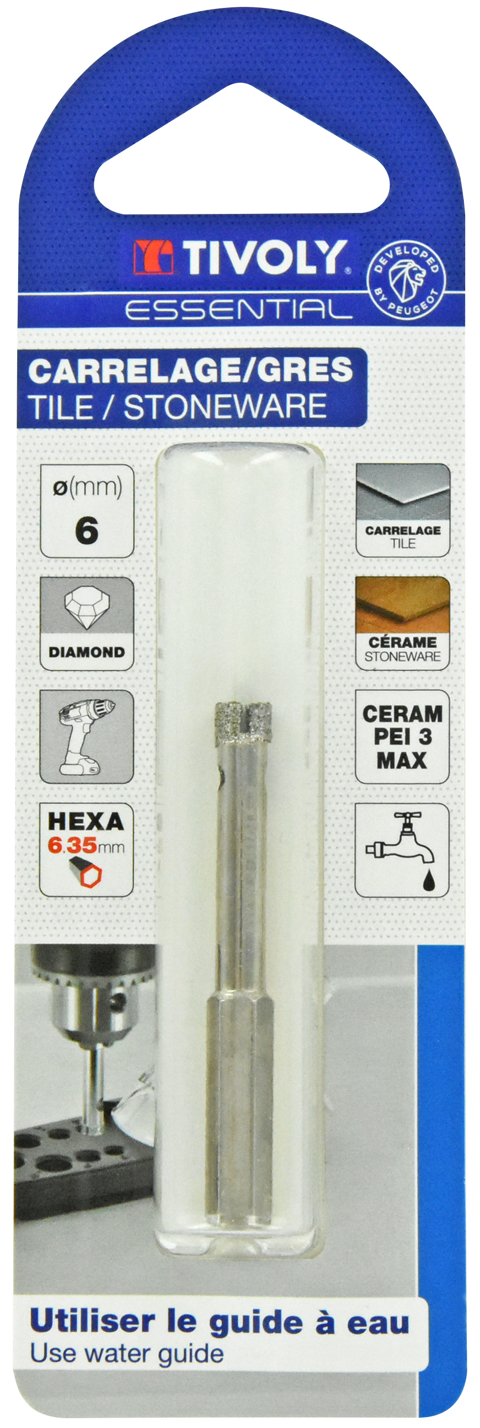 Foret diamant à eau -Queue hexagonale (Blister) / L: 55 Ø: 6 TIVOLY - 12000820600