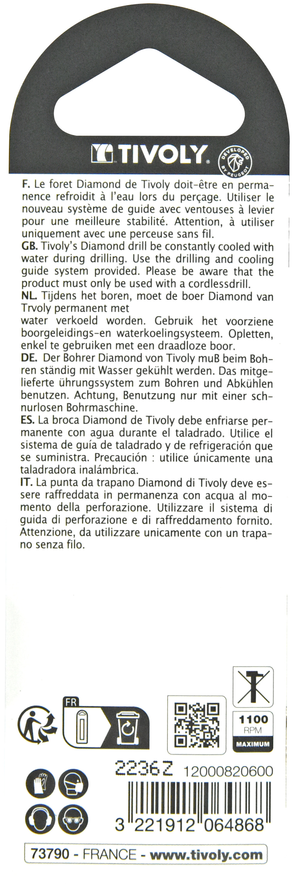 Foret diamant à eau -Queue hexagonale (Blister) / L: 55 Ø: 6 TIVOLY - 12000820600