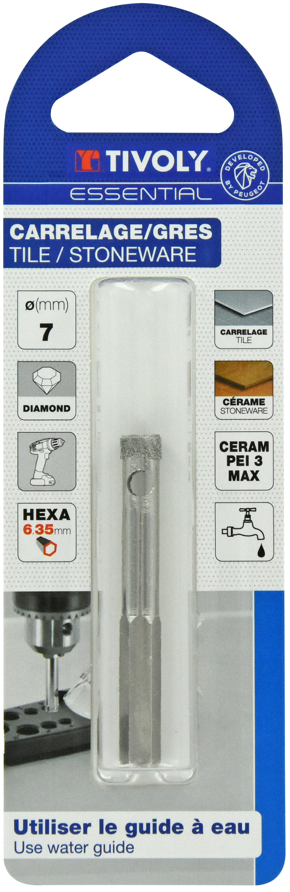 Foret diamant à eau -Queue hexagonale (Blister) / L: 55 Ø: 7 TIVOLY - 12000820700