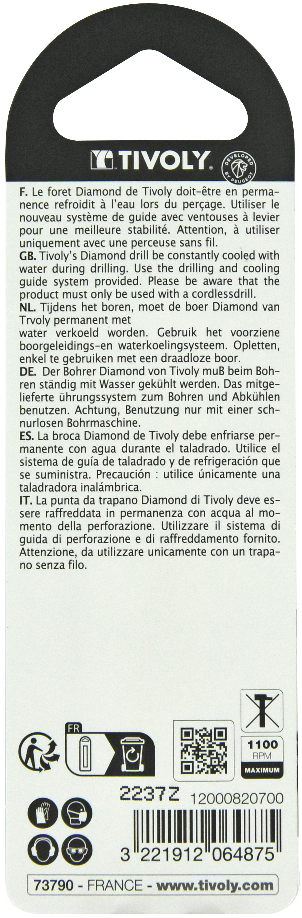 Foret diamant à eau -Queue hexagonale (Blister) / L: 55 Ø: 7 TIVOLY - 12000820700