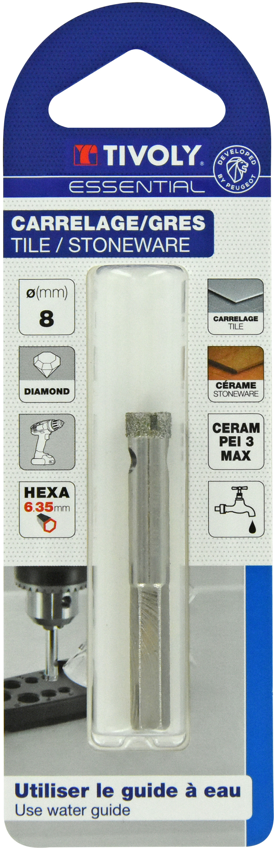 Foret diamant à eau -Queue hexagonale (Blister) / L: 55 Ø: 8 TIVOLY - 12000820800