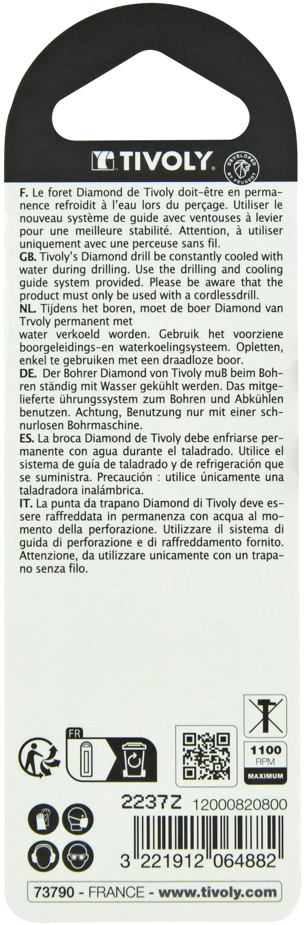 Foret diamant à eau -Queue hexagonale (Blister) / L: 55 Ø: 8 TIVOLY - 12000820800