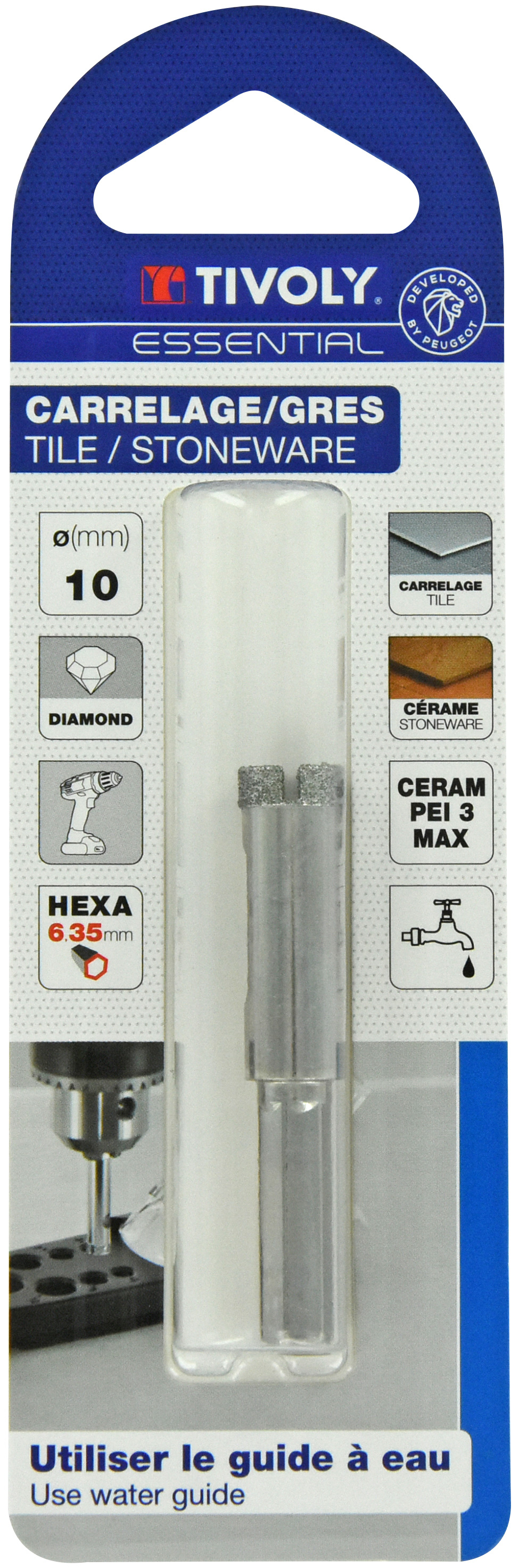 Foret diamant à eau -Queue hexagonale (Blister) / L: 55 Ø: 10 TIVOLY - 12000821000