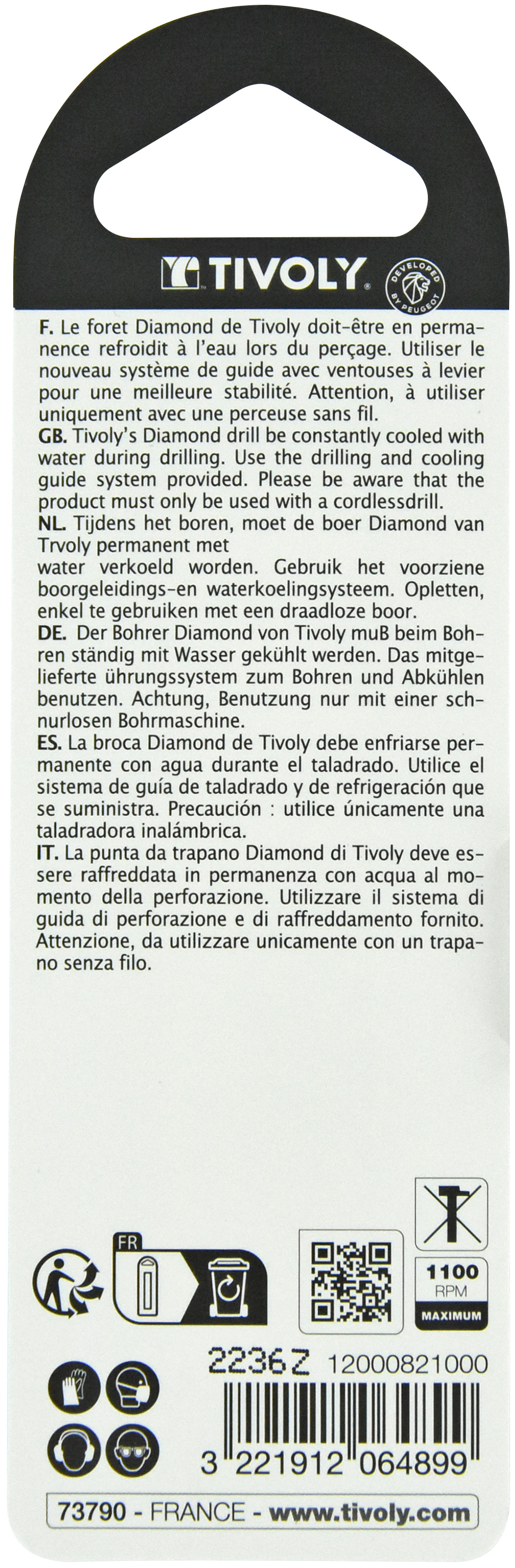 Foret diamant à eau -Queue hexagonale (Blister) / L: 55 Ø: 10 TIVOLY - 12000821000