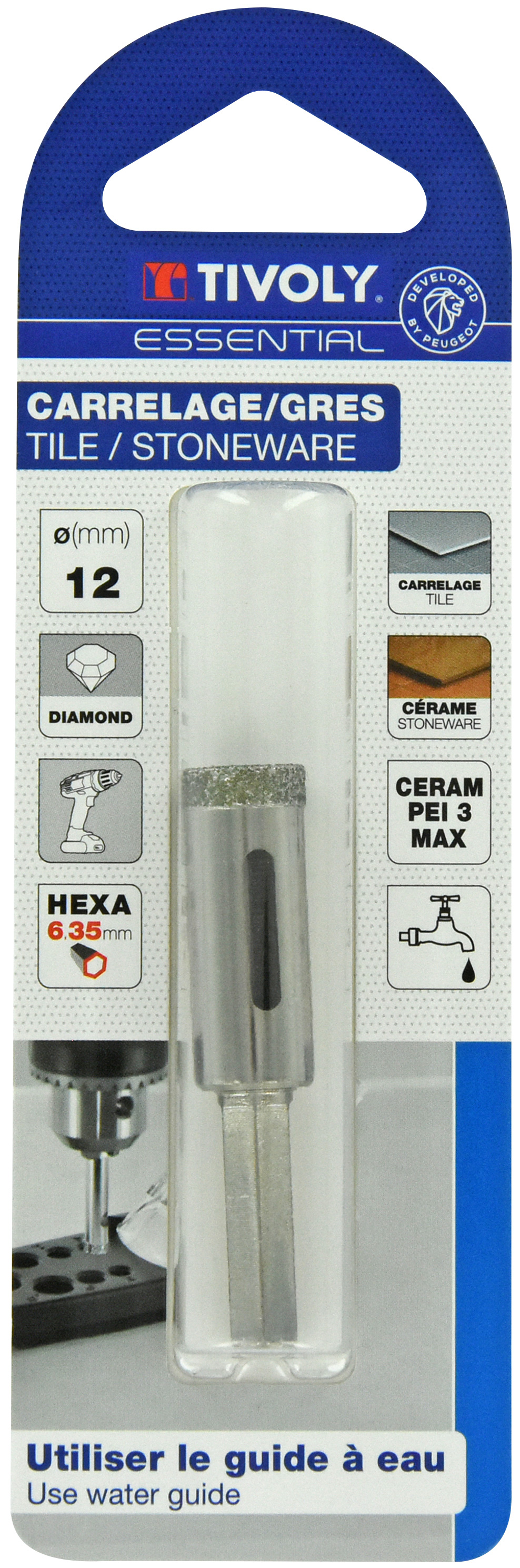 Foret diamant à eau -Queue hexagonale (Blister) / L: 55 Ø: 12 TIVOLY - 12000821200