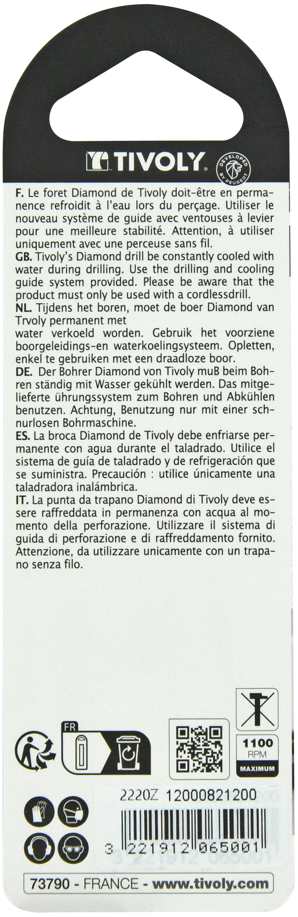 Foret diamant à eau -Queue hexagonale (Blister) / L: 55 Ø: 12 TIVOLY - 12000821200