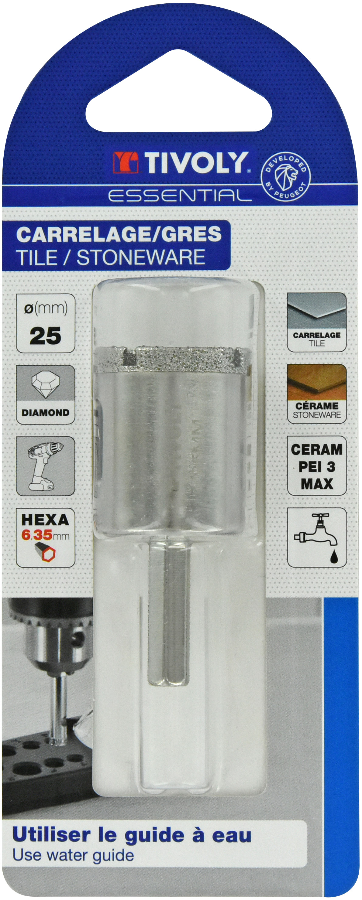 Foret diamant à eau -Queue hexagonale (Blister) / L: 55 Ø: 25 TIVOLY - 12000822500