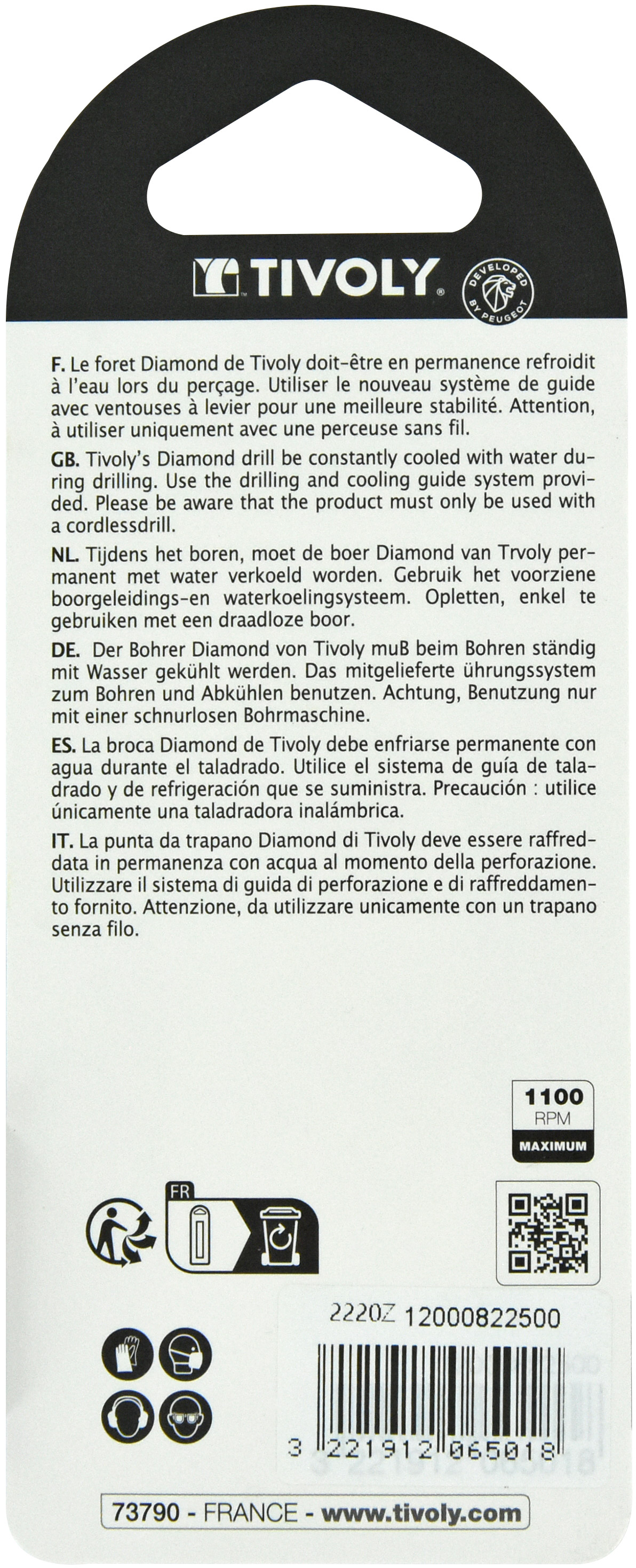 Foret diamant à eau -Queue hexagonale (Blister) / L: 55 Ø: 25 TIVOLY - 12000822500