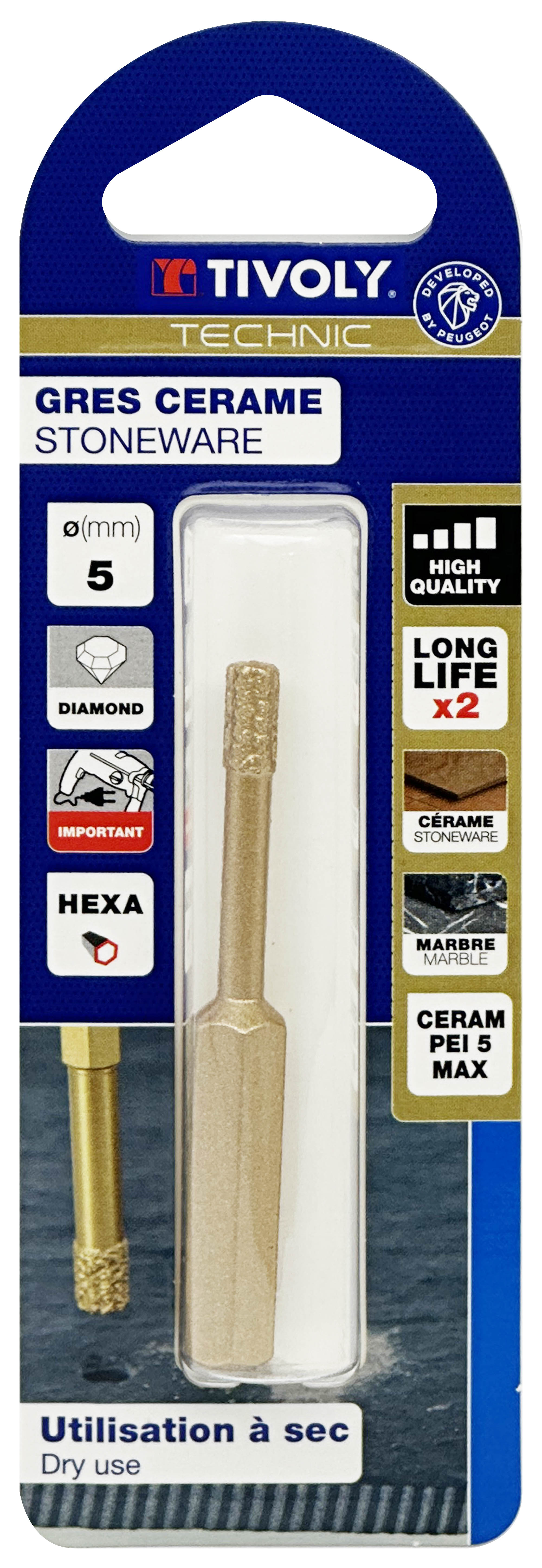 Foret diamant à sec -Queue hexagonale (Blister) / L: 65 Ø: 5 TIVOLY - 12000920500