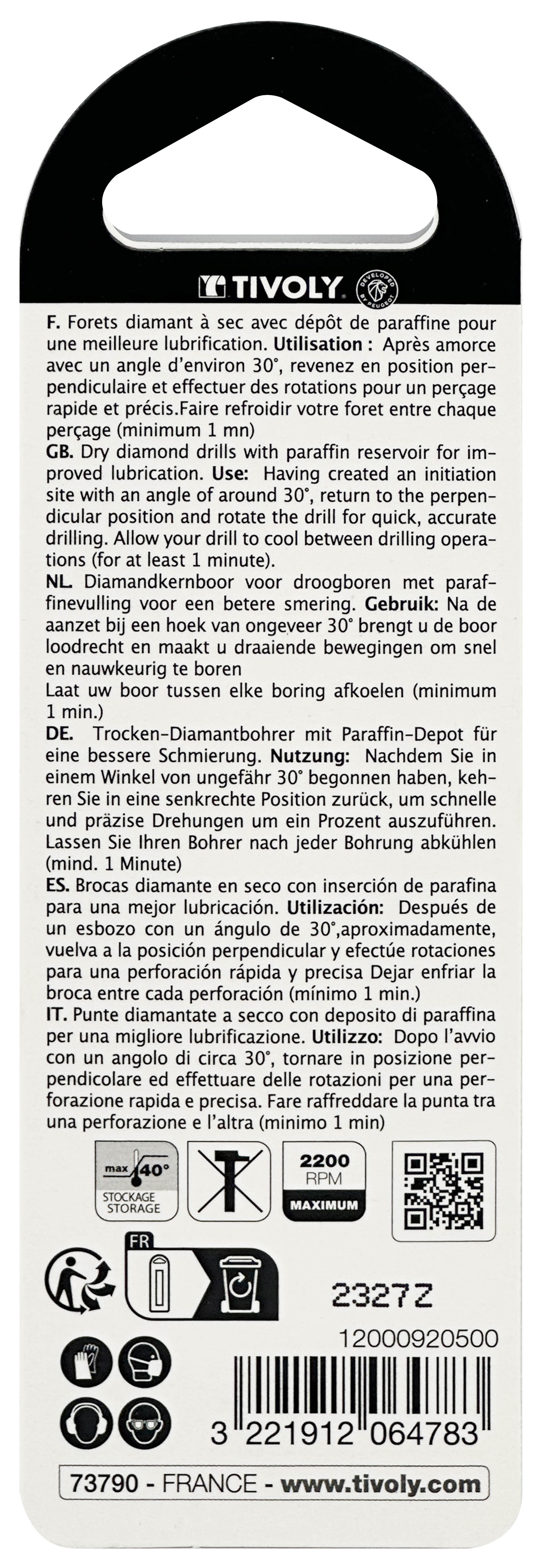 Foret diamant à sec -Queue hexagonale (Blister) / L: 65 Ø: 5 TIVOLY - 12000920500