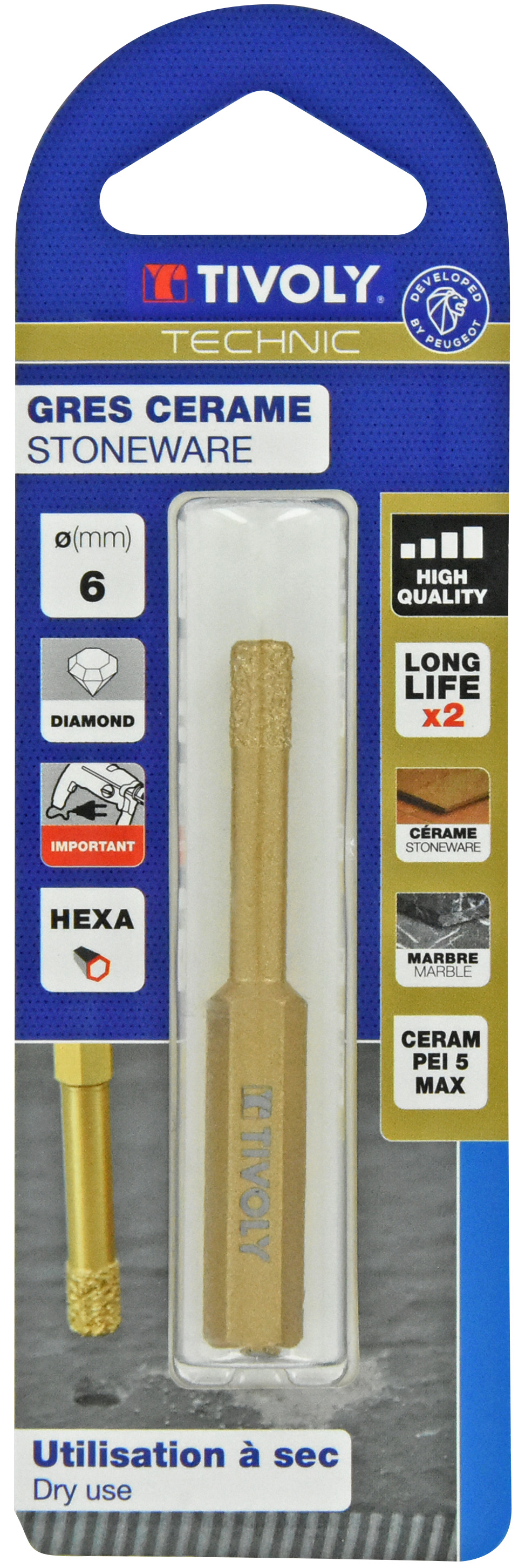 Foret diamant à sec -Queue hexagonale (Blister) / L: 65 Ø: 6 TIVOLY - 12000920600