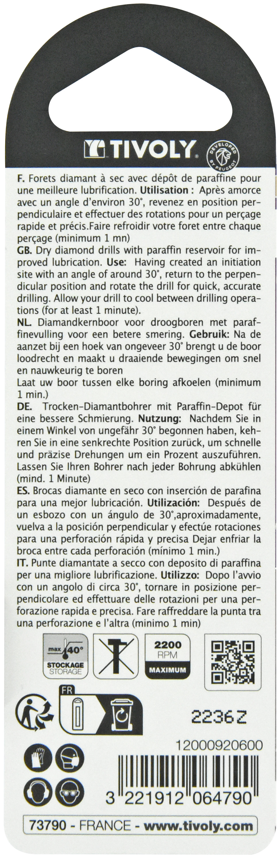 Foret diamant à sec -Queue hexagonale (Blister) / L: 65 Ø: 6 TIVOLY - 12000920600