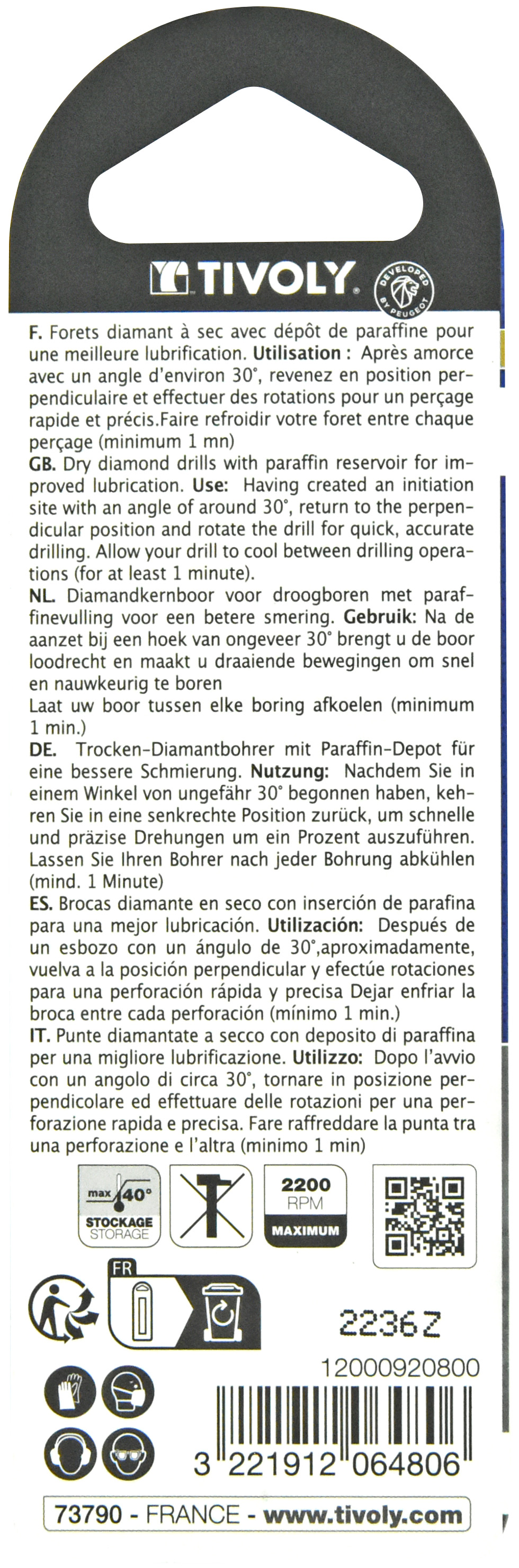 Foret diamant à sec -Queue hexagonale (Blister) / L: 80 Ø: 8 TIVOLY - 12000920800