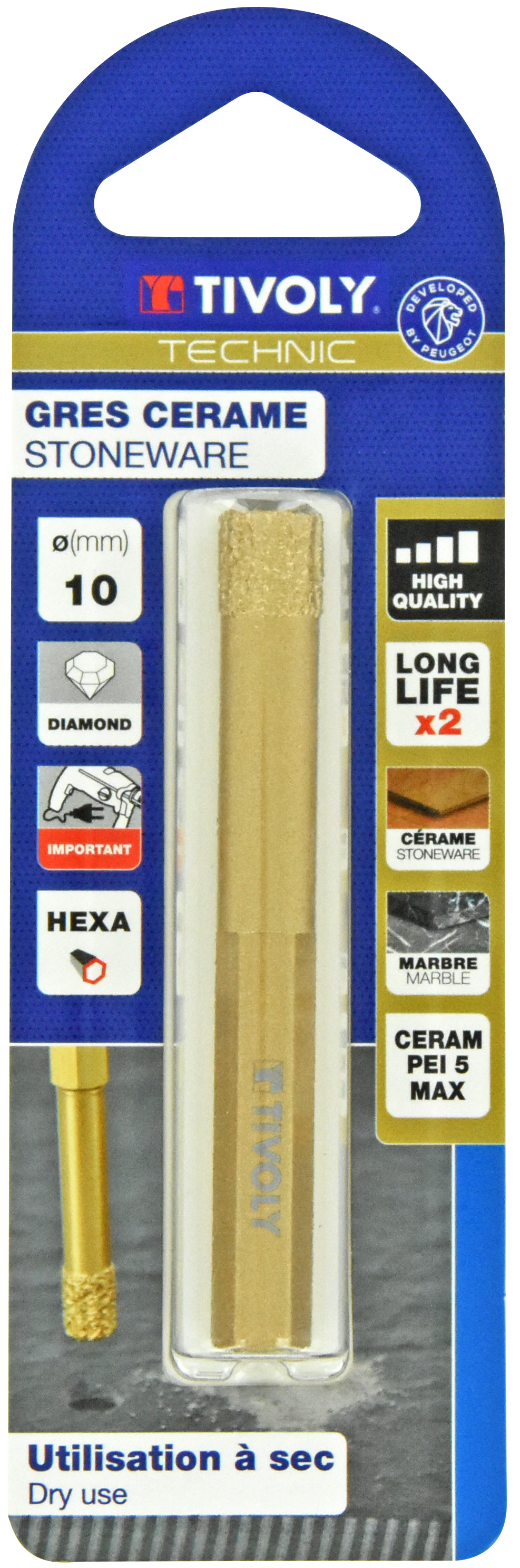 Foret diamant à sec -Queue hexagonale (Blister) / L: 80 Ø: 10 TIVOLY - 12000921000