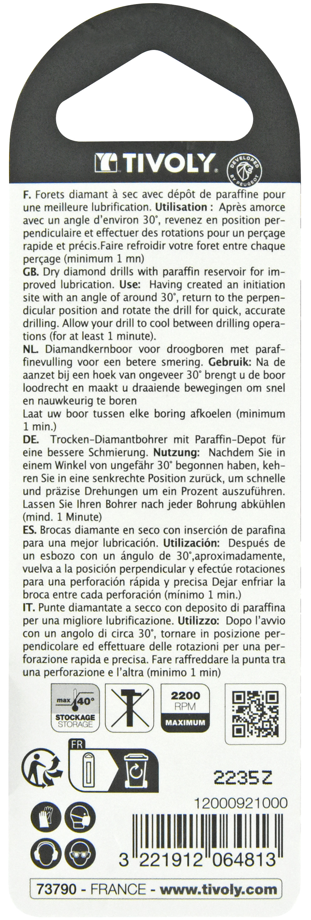 Foret diamant à sec -Queue hexagonale (Blister) / L: 80 Ø: 10 TIVOLY - 12000921000