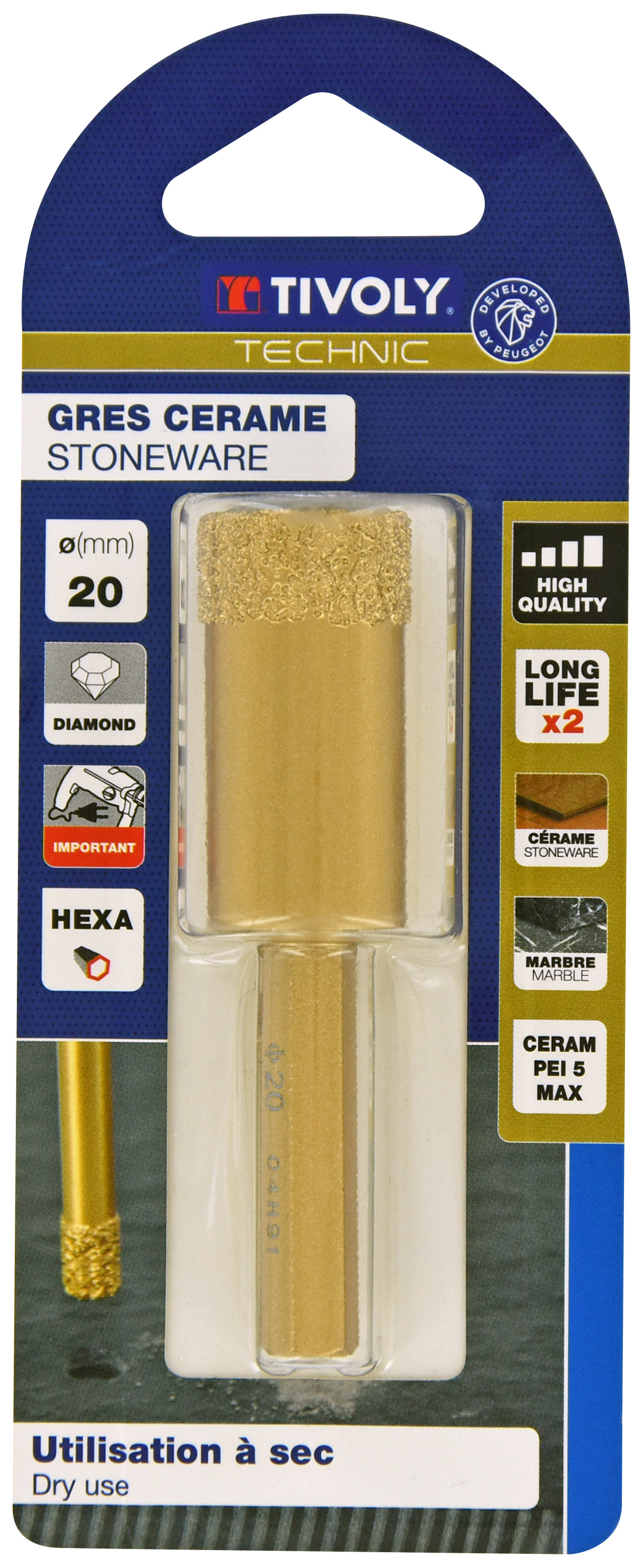 Scie cloche diamant à sec (Blister Box) / H: 43 Ø: 20 TIVOLY - 12000922000