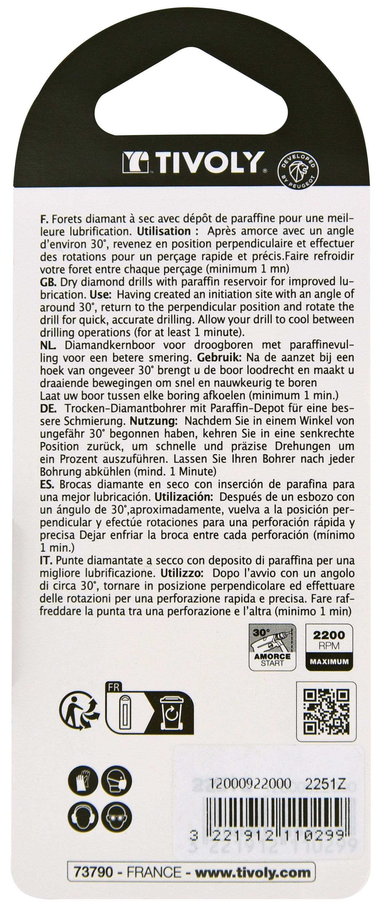 Scie cloche diamant à sec (Blister Box) / H: 43 Ø: 20 TIVOLY - 12000922000