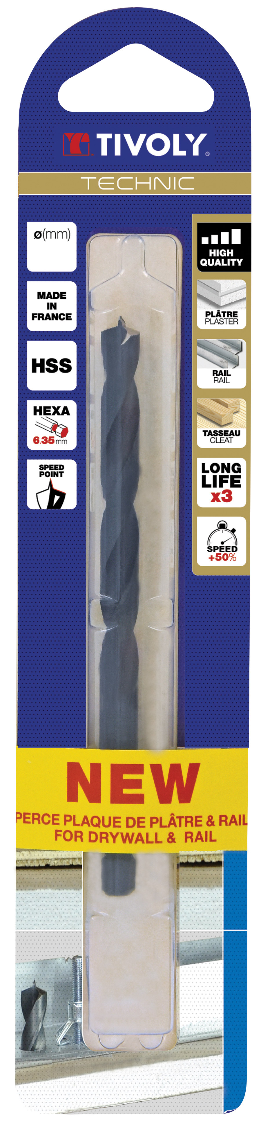 Foret HSS spécial perçage plaque de plâtre et leurs supports -Queue hexagonale / L: 117 Ø: 8 TIVOLY - 12001020800